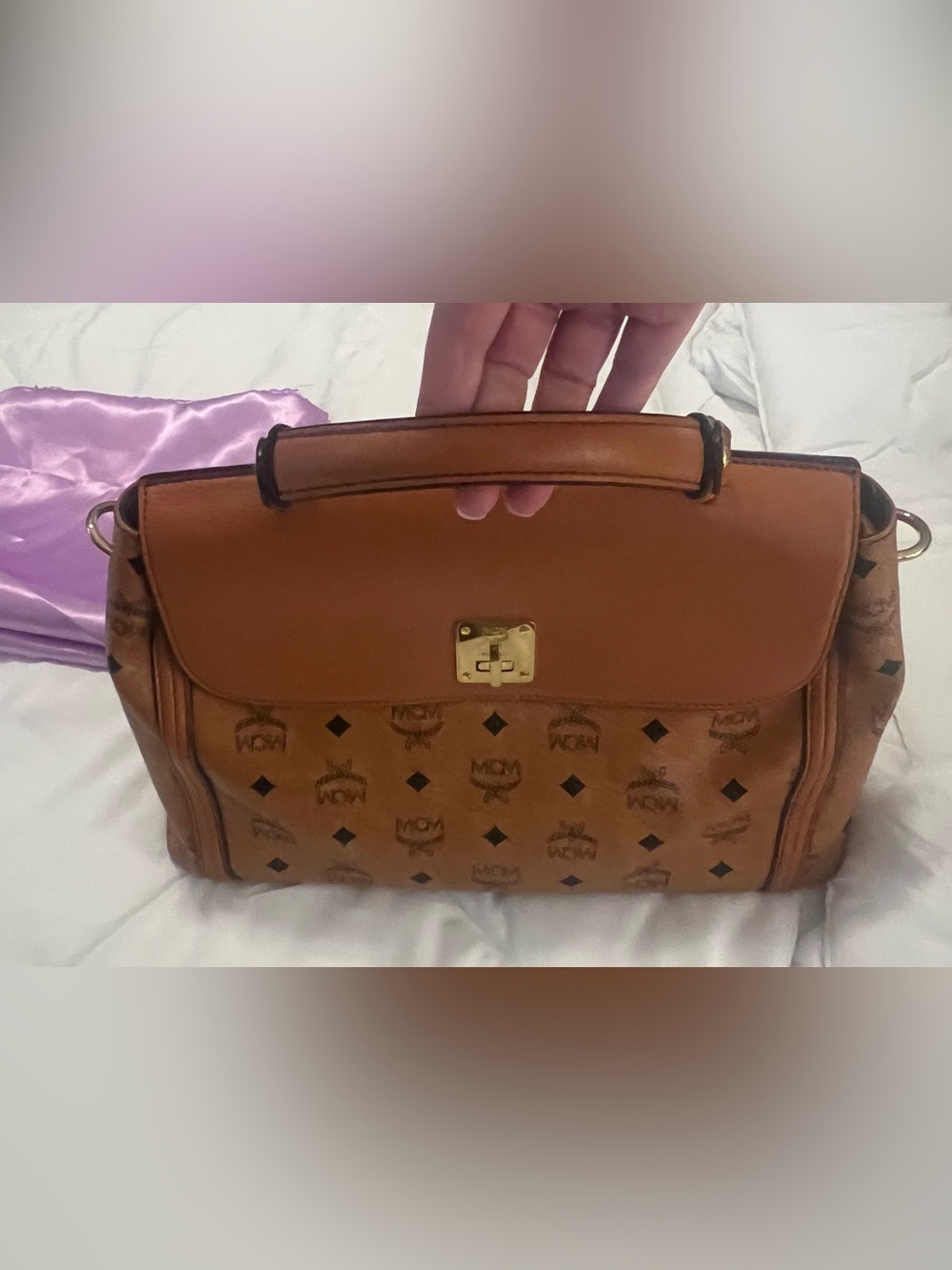 MCM Cognac Brown Visetos Top-Handle /crossbody Satchel with Gold Hardware